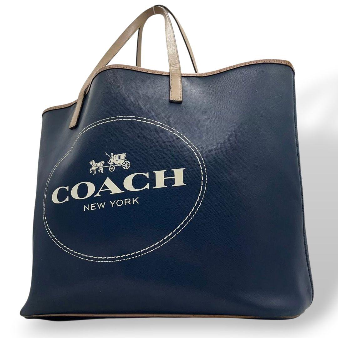 COACH コーチ トートバッグ ネイビー 紺 ベージュ デカロゴ ワンショルダー レザー 本革 ハンドバッグ A4収納 自立可 肩掛け可 シルバー金具 ロゴ F31315 u12 高級感