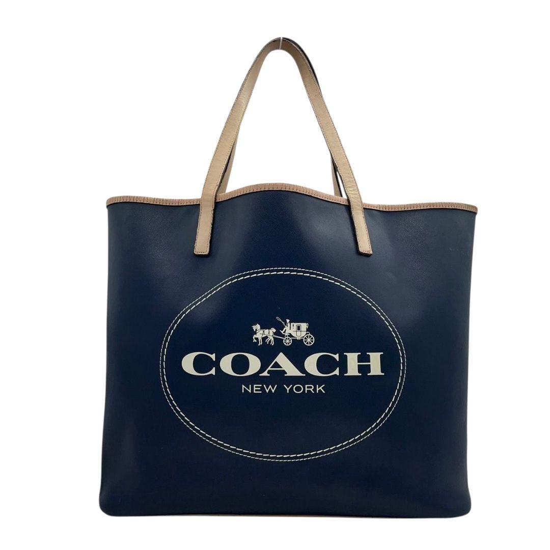 COACH コーチ トートバッグ ネイビー 紺 ベージュ デカロゴ ワンショルダー レザー 本革 ハンドバッグ A4収納 自立可 肩掛け可 シルバー金具 ロゴ F31315 u12 高級感