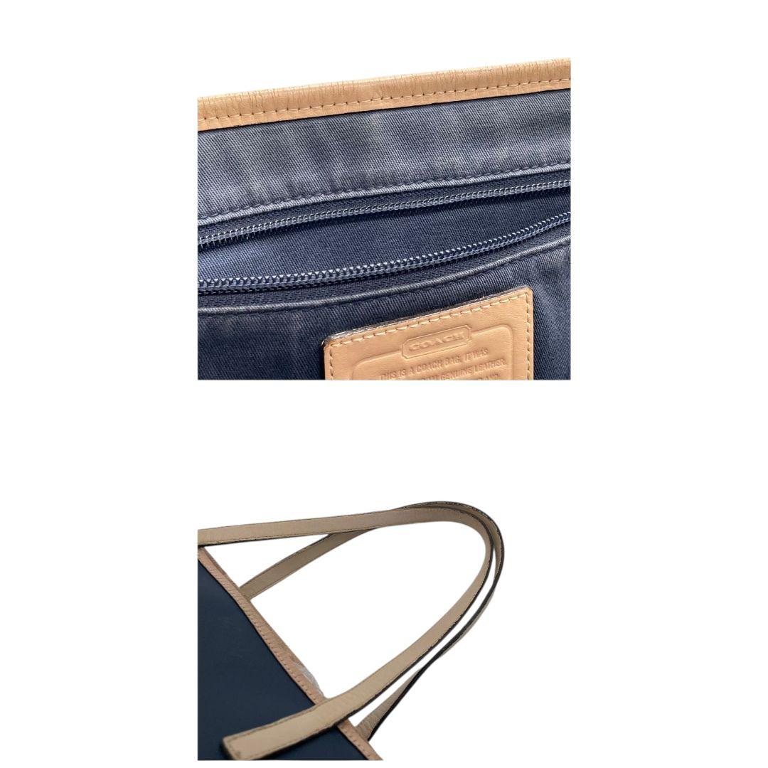 COACH コーチ トートバッグ ネイビー 紺 ベージュ デカロゴ ワンショルダー レザー 本革 ハンドバッグ A4収納 自立可 肩掛け可 シルバー金具 ロゴ F31315 u12 高級感