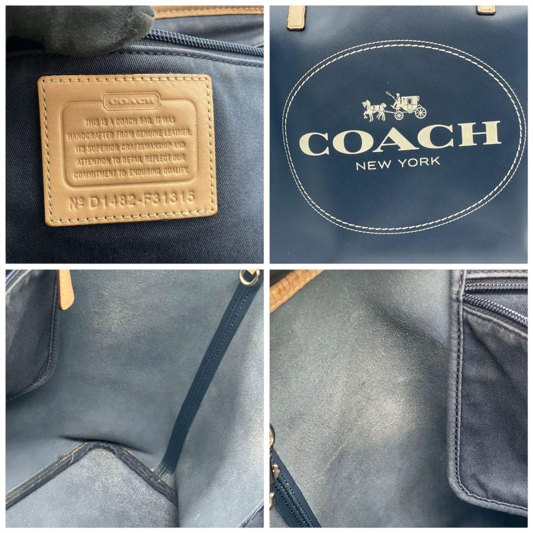 COACH コーチ トートバッグ ネイビー 紺 ベージュ デカロゴ ワンショルダー レザー 本革 ハンドバッグ A4収納 自立可 肩掛け可 シルバー金具 ロゴ F31315 u12 高級感