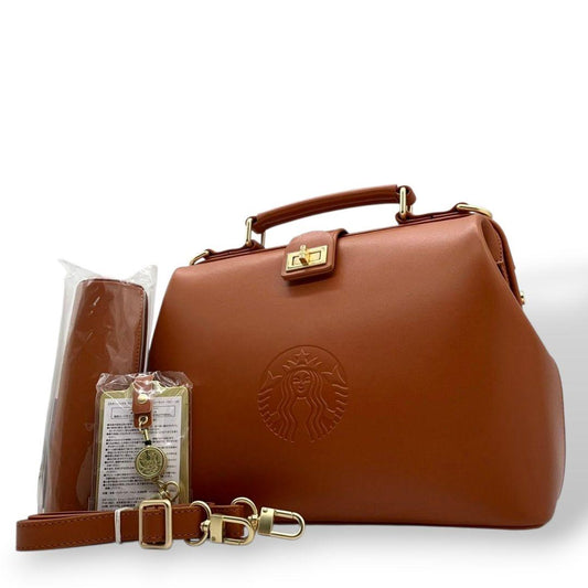 スターバックス　ハンドバッグ　茶　ロゴ　がま口　斜め掛け可　2way　F　ショルダーバッグ　トートバッグ　レザー　本革　ブラウン　ゴールド金具
