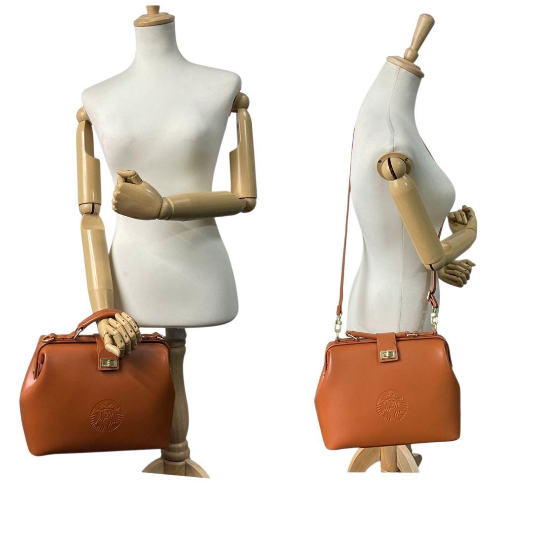スターバックス　ハンドバッグ　茶　ロゴ　がま口　斜め掛け可　2way　F　ショルダーバッグ　トートバッグ　レザー　本革　ブラウン　ゴールド金具