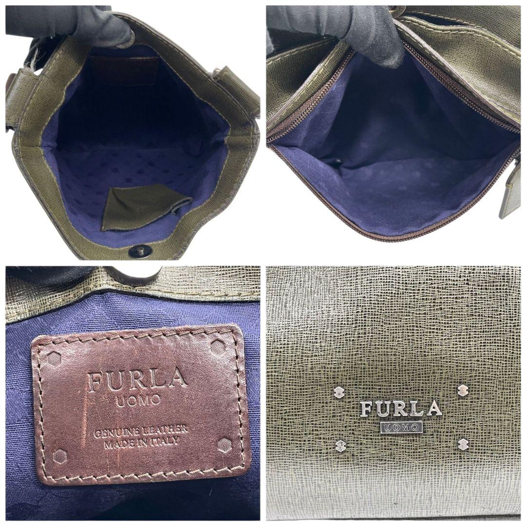 フルラ ショルダーバッグ 緑 グリーン ウォモ レザー 本革 斜め掛け可 ロゴプレート シルバー金具 ロゴタグ s77 FURLA UOMO メンズ オシャレ 鑑定済 本物保証