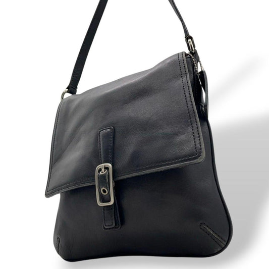 コーチ COACH ショルダーバッグ 黒 オールドコーチ フラップ ベルト レザー ハンドバッグ 本革 ブラック 斜め掛け可 シルバー金具 ロゴタグ 9592 T6 レディース