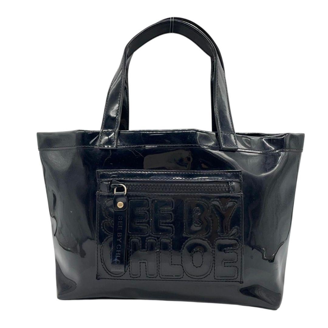 美品 シーバイクロエ トートバッグ 黒 デカロゴ シリコン SEE BY CHLOE u15 ワンショルダー ハンドバッグ ブラック ゴールド金具 肩掛け可 カジュアル モード おしゃれ