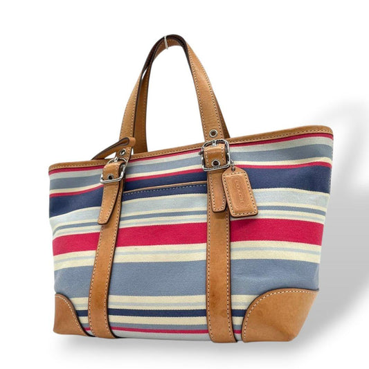 コーチ ハンドバッグ 茶 ボーダー柄 キャンバス レザー COACH u14 トートバッグ 本革 シルバー金具 ロゴタグ ブラウン レッド ブルー ホワイト