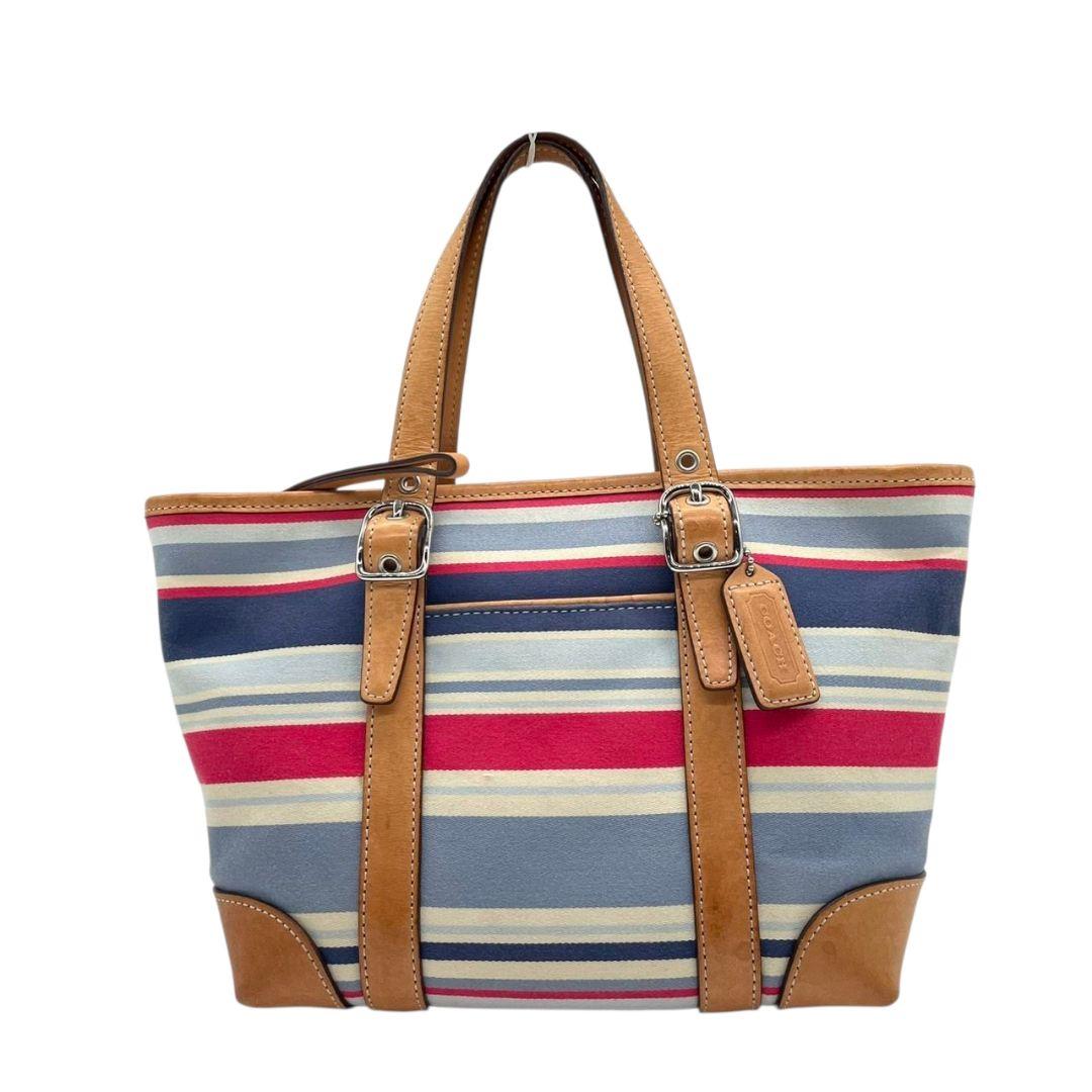 コーチ ハンドバッグ 茶 ボーダー柄 キャンバス レザー COACH u14 トートバッグ 本革 シルバー金具 ロゴタグ ブラウン レッド ブルー ホワイト