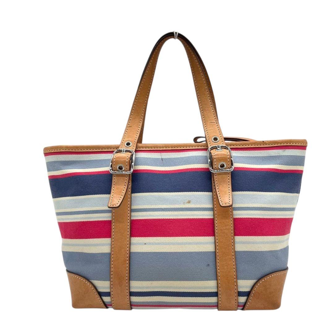 コーチ ハンドバッグ 茶 ボーダー柄 キャンバス レザー COACH u14 トートバッグ 本革 シルバー金具 ロゴタグ ブラウン レッド ブルー ホワイト