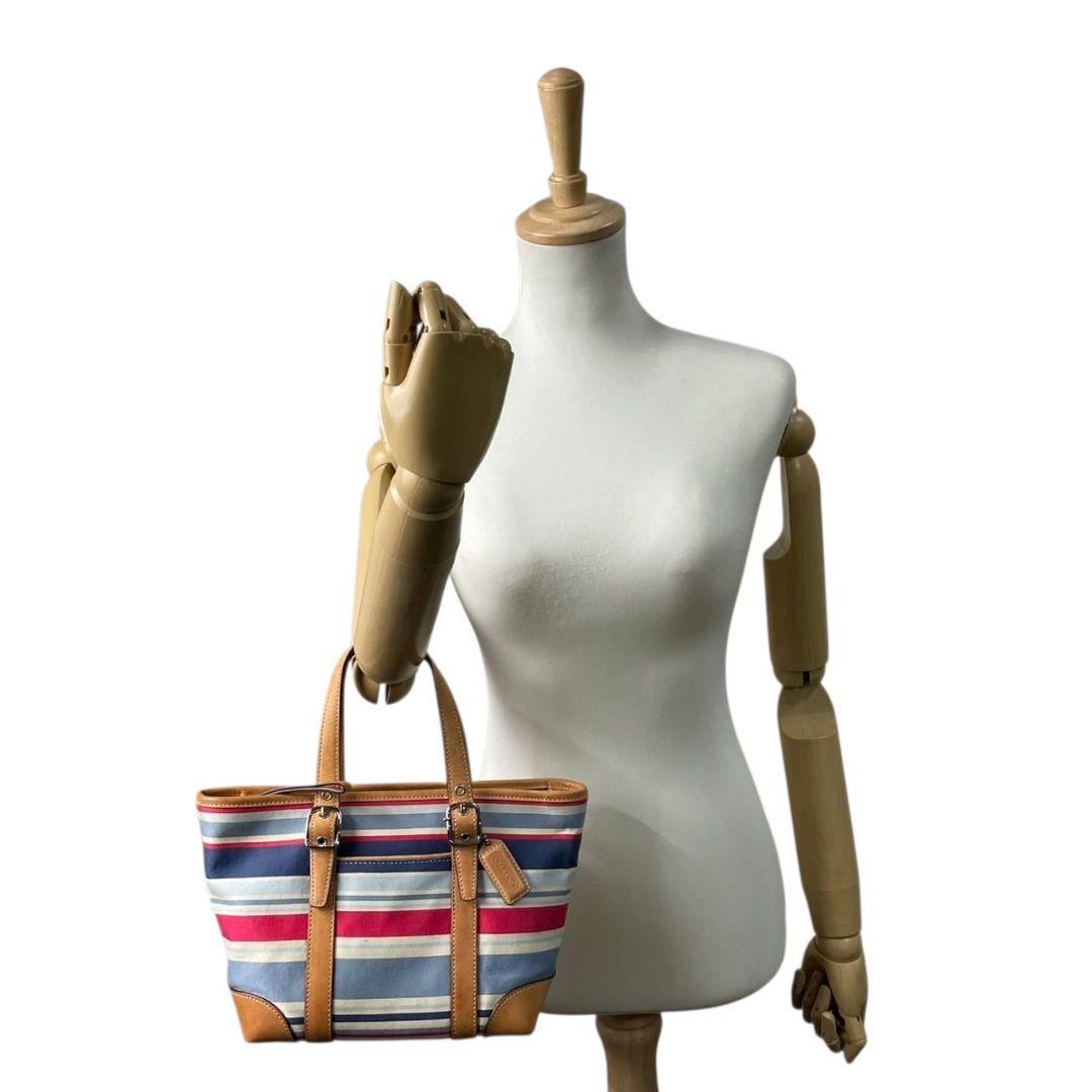 コーチ ハンドバッグ 茶 ボーダー柄 キャンバス レザー COACH u14 トートバッグ 本革 シルバー金具 ロゴタグ ブラウン レッド ブルー ホワイト