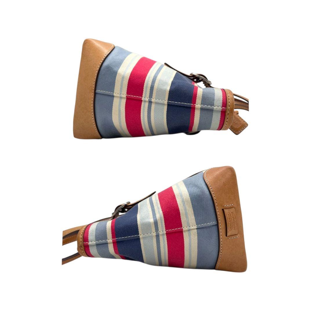 コーチ ハンドバッグ 茶 ボーダー柄 キャンバス レザー COACH u14 トートバッグ 本革 シルバー金具 ロゴタグ ブラウン レッド ブルー ホワイト