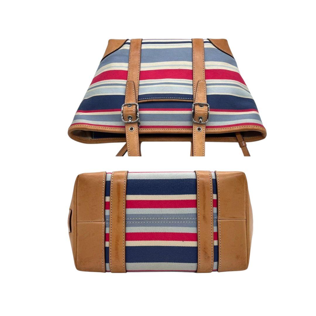 コーチ ハンドバッグ 茶 ボーダー柄 キャンバス レザー COACH u14 トートバッグ 本革 シルバー金具 ロゴタグ ブラウン レッド ブルー ホワイト