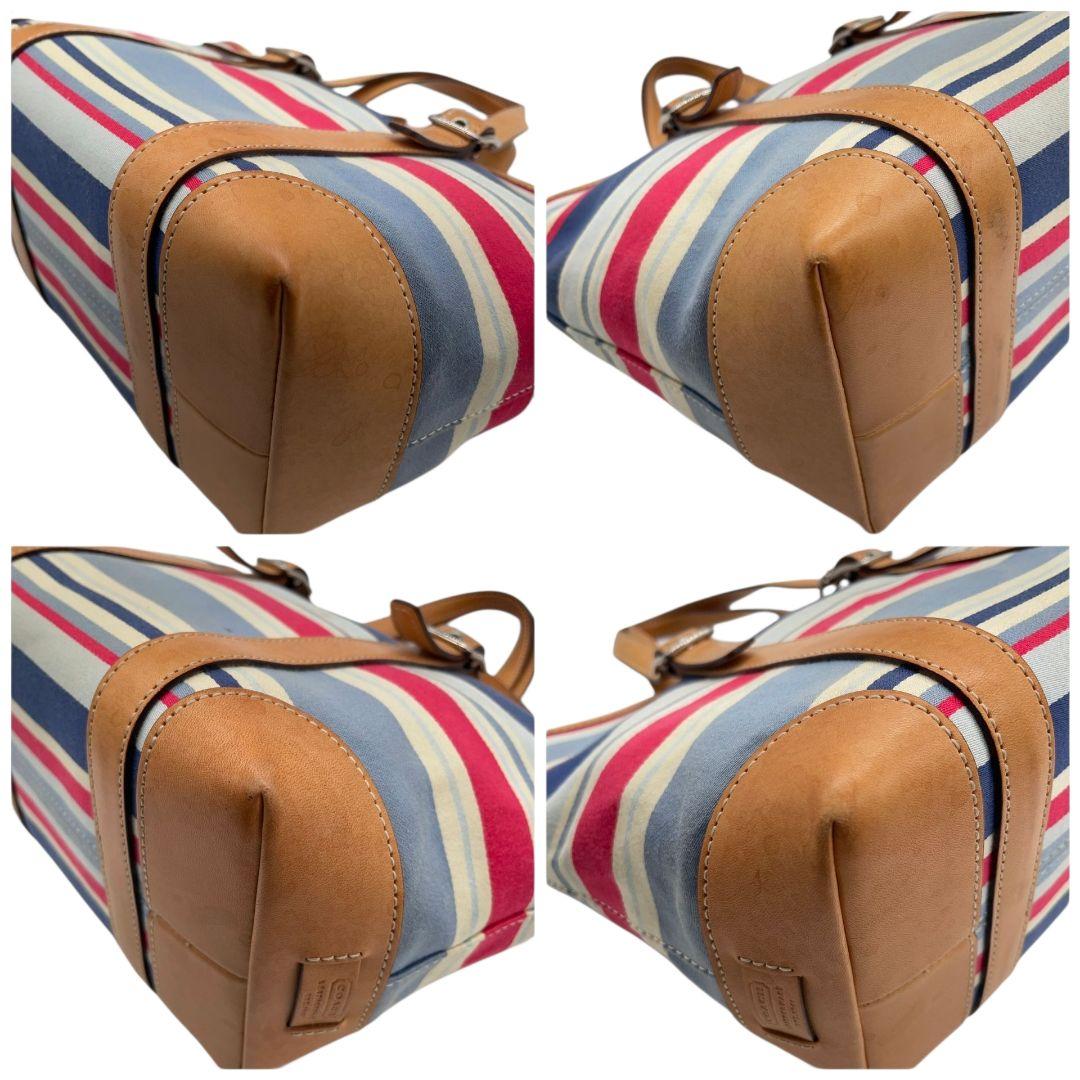 コーチ ハンドバッグ 茶 ボーダー柄 キャンバス レザー COACH u14 トートバッグ 本革 シルバー金具 ロゴタグ ブラウン レッド ブルー ホワイト