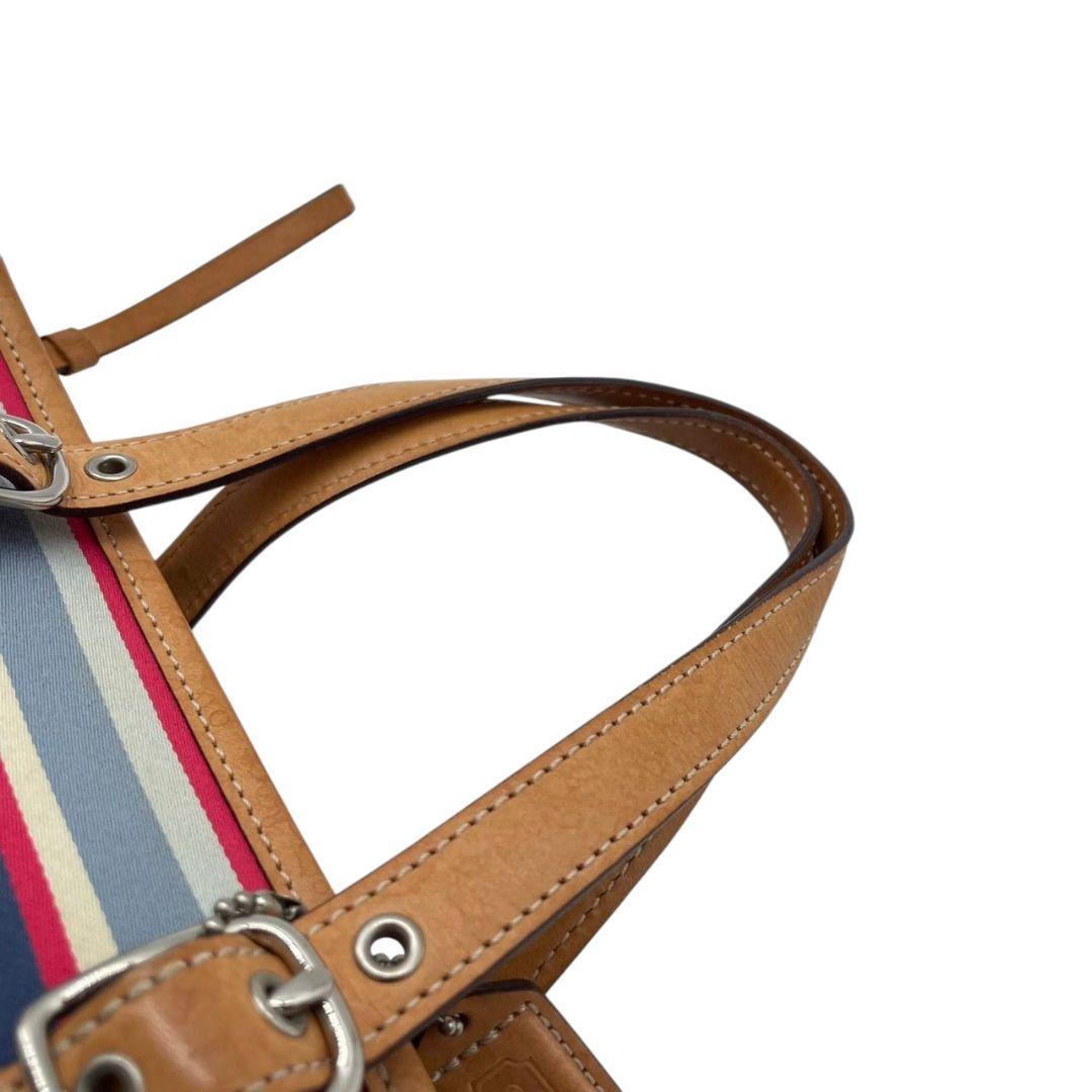 コーチ ハンドバッグ 茶 ボーダー柄 キャンバス レザー COACH u14 トートバッグ 本革 シルバー金具 ロゴタグ ブラウン レッド ブルー ホワイト