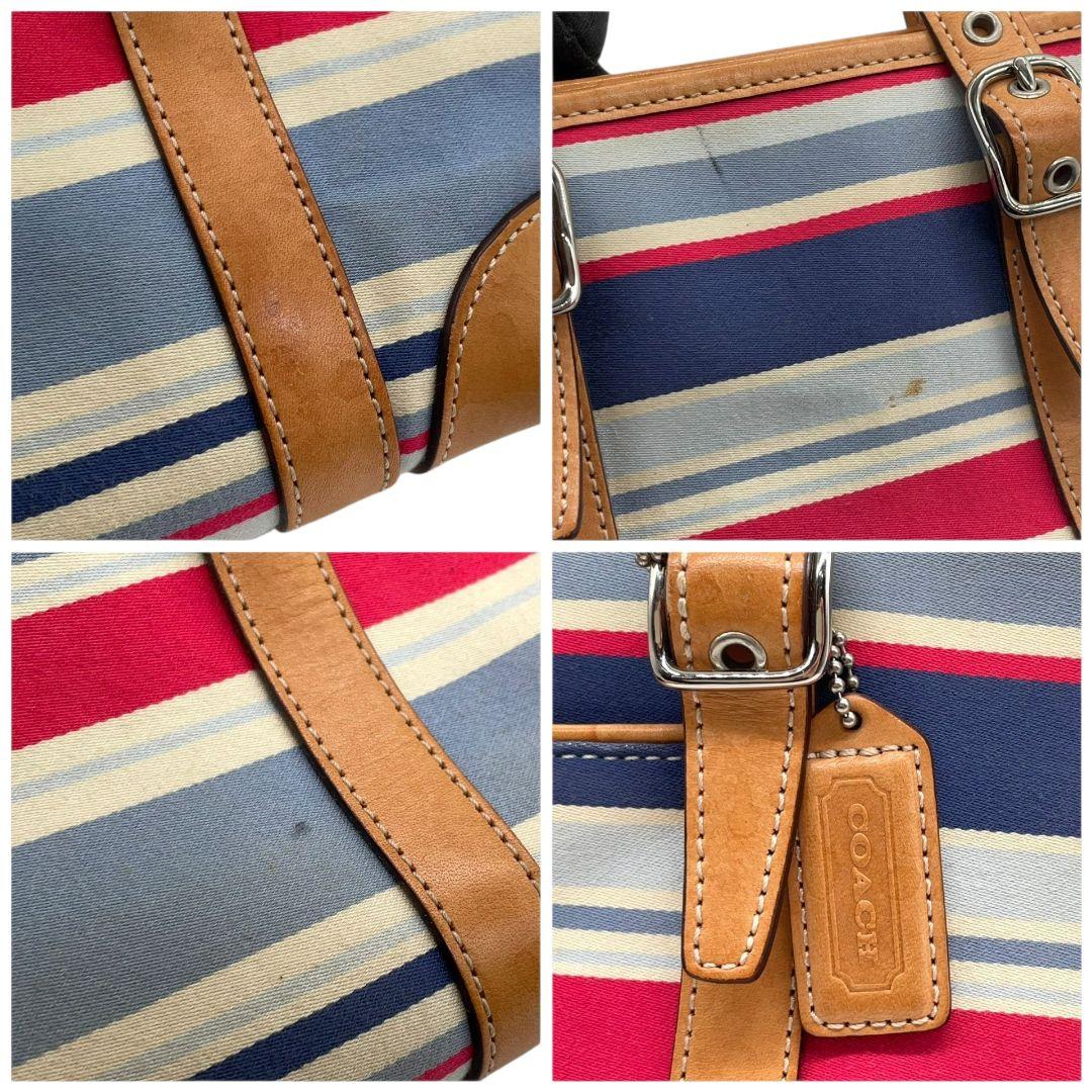 コーチ ハンドバッグ 茶 ボーダー柄 キャンバス レザー COACH u14 トートバッグ 本革 シルバー金具 ロゴタグ ブラウン レッド ブルー ホワイト