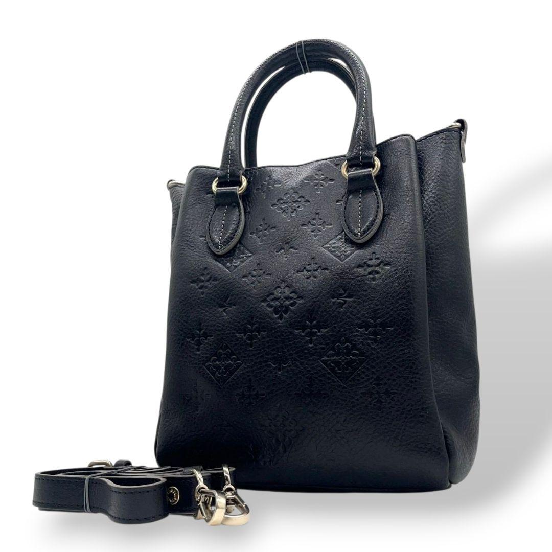 ラシット　ハンドバッグ　黒　モノグラム　型押し　2way　斜め掛け可　s94　トートバッグ　ショルダーバッグ　本革　ブラック　シルバー金具　russet