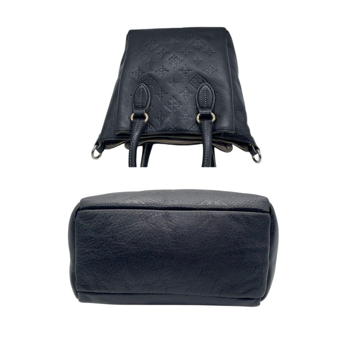 ラシット　ハンドバッグ　黒　モノグラム　型押し　2way　斜め掛け可　s94　トートバッグ　ショルダーバッグ　本革　ブラック　シルバー金具　russet