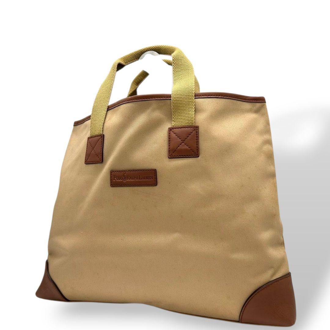 ポロラルフローレン　トートバッグ　茶　ロゴプレート　A4収納　キャンバス　T5　ハンドバッグ　レザー　本革　ブラウン　ベージュ　イエロー　Polo Ralph Lauren　オシャレ　本物保証　鑑定済　スピード発送