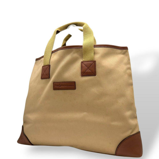 ポロラルフローレン　トートバッグ　茶　ロゴプレート　A4収納　キャンバス　T5　ハンドバッグ　レザー　本革　ブラウン　ベージュ　イエロー　Polo Ralph Lauren　オシャレ　本物保証　鑑定済　スピード発送