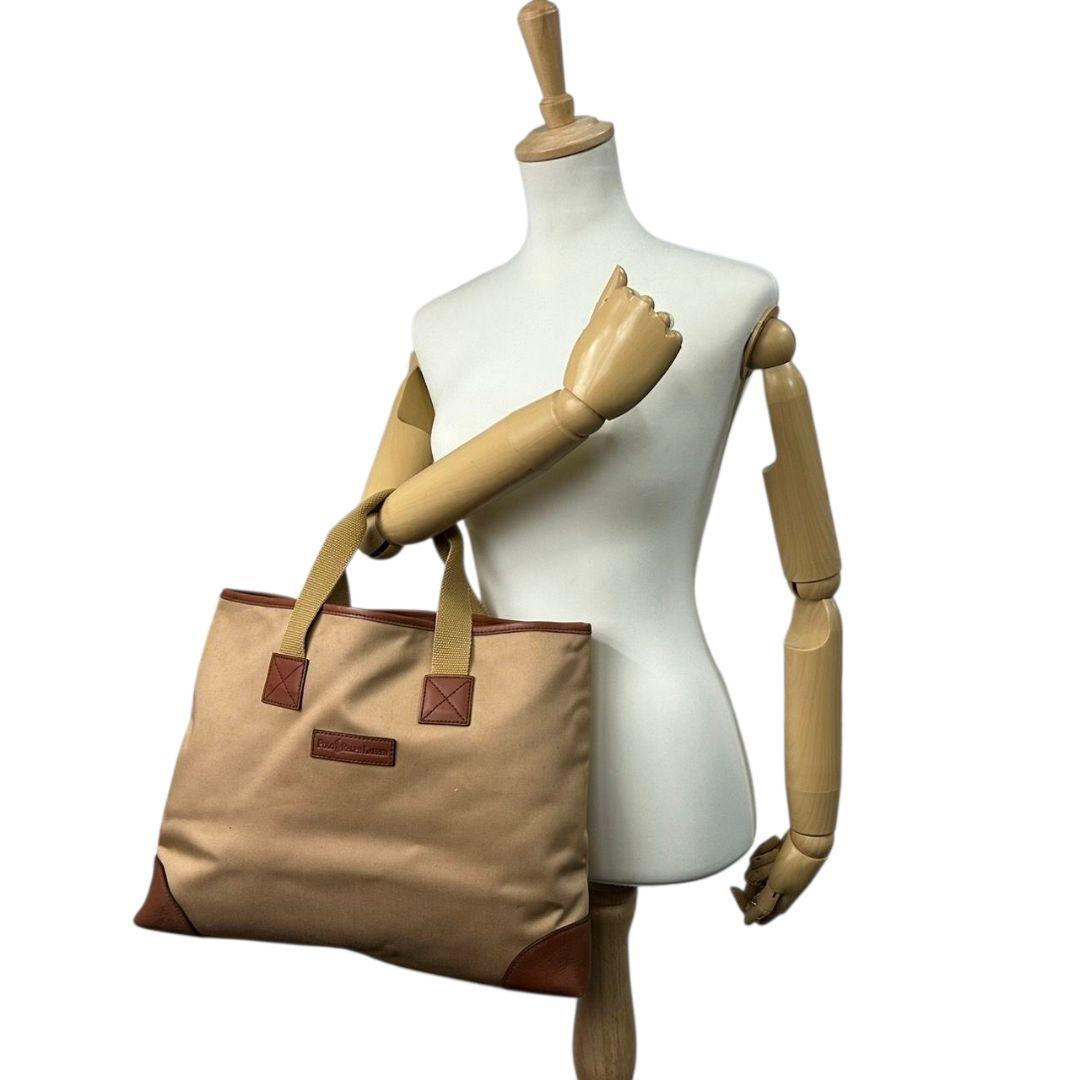 ポロラルフローレン　トートバッグ　茶　ロゴプレート　A4収納　キャンバス　T5　ハンドバッグ　レザー　本革　ブラウン　ベージュ　イエロー　Polo Ralph Lauren　オシャレ　本物保証　鑑定済　スピード発送