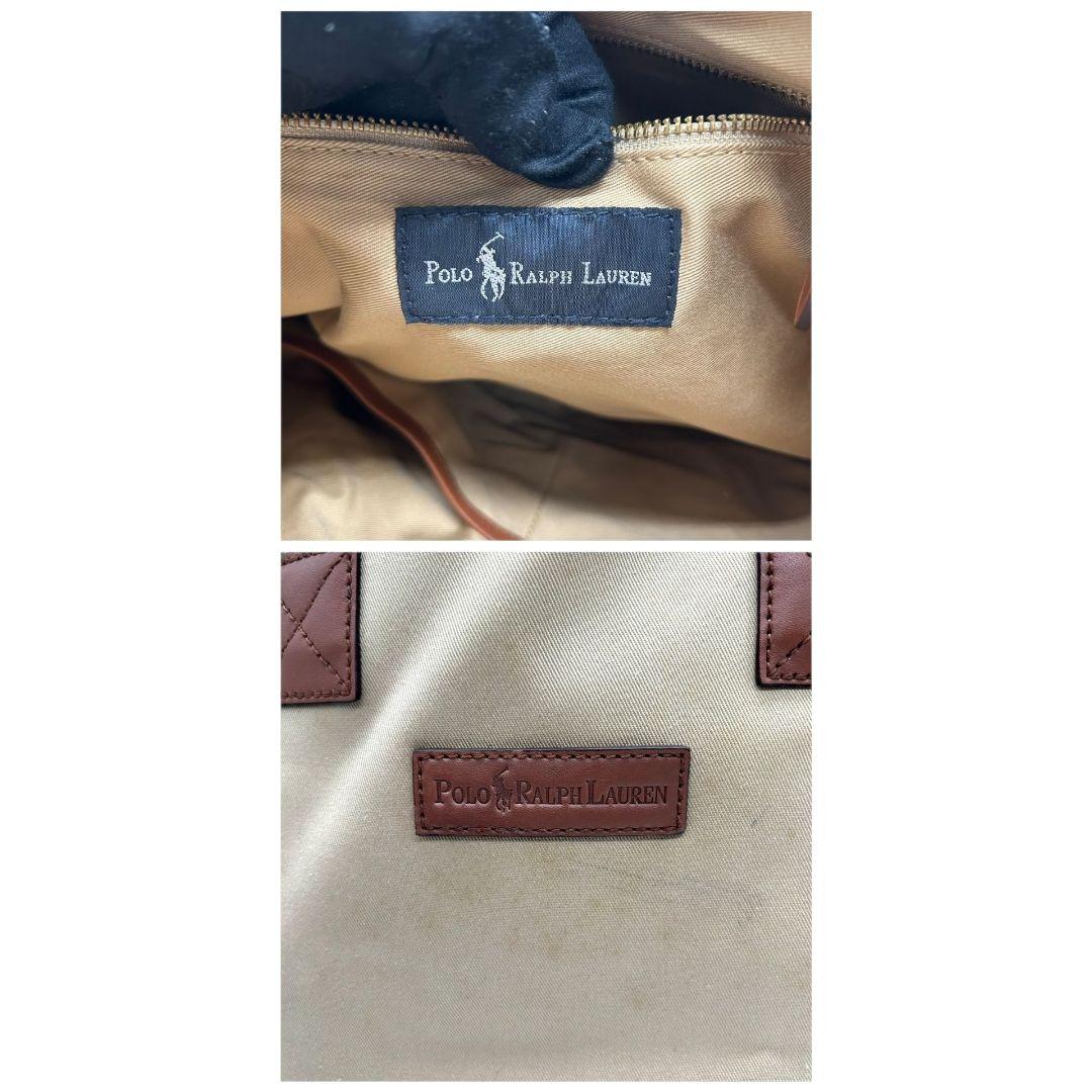 ポロラルフローレン　トートバッグ　茶　ロゴプレート　A4収納　キャンバス　T5　ハンドバッグ　レザー　本革　ブラウン　ベージュ　イエロー　Polo Ralph Lauren　オシャレ　本物保証　鑑定済　スピード発送