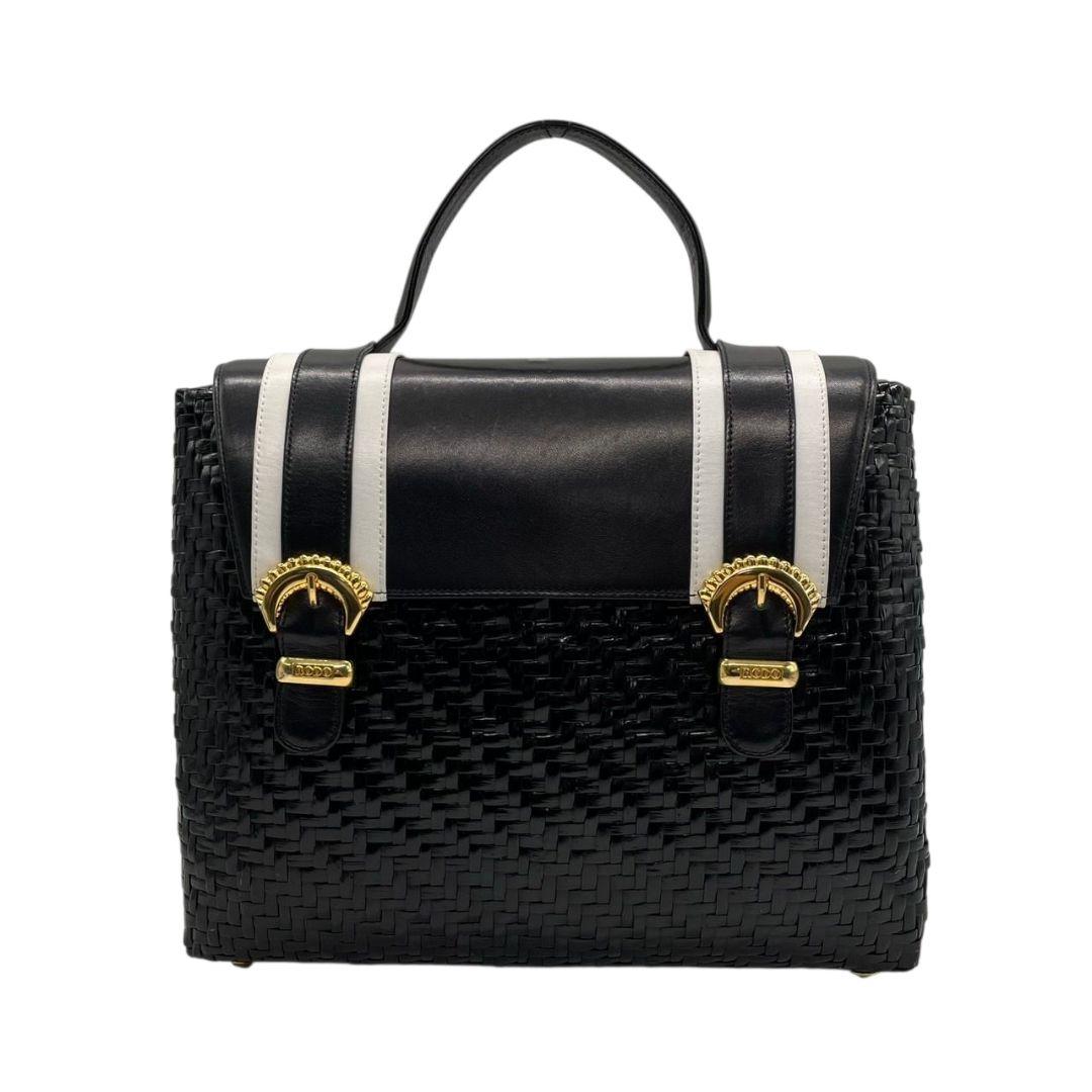 ロド ハンドバッグ 黒 白 編み込み カゴバッグ バイカラー トートバッグ レザー 本革 自立可 ゴールド金具 ロゴプレート RODO