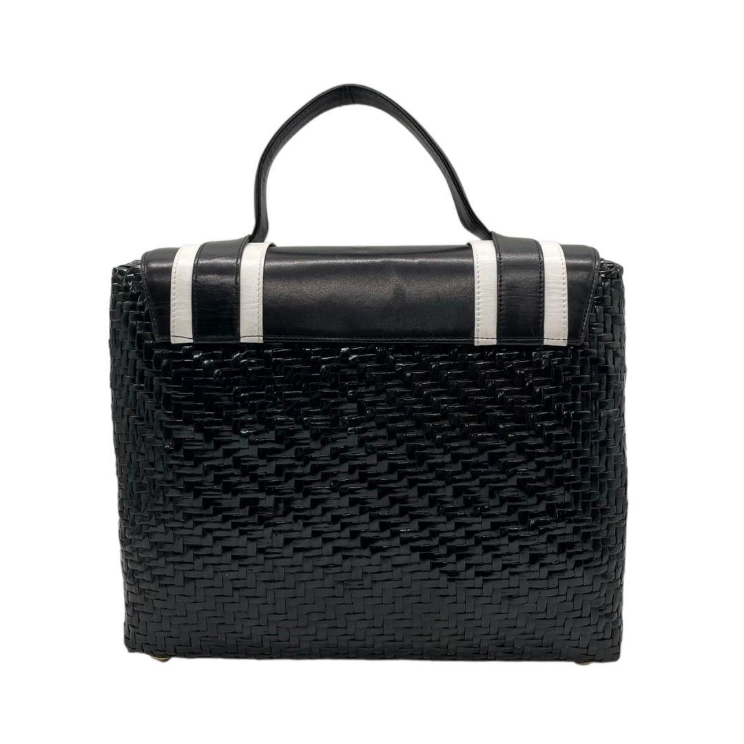 ロド ハンドバッグ 黒 白 編み込み カゴバッグ バイカラー トートバッグ レザー 本革 自立可 ゴールド金具 ロゴプレート RODO