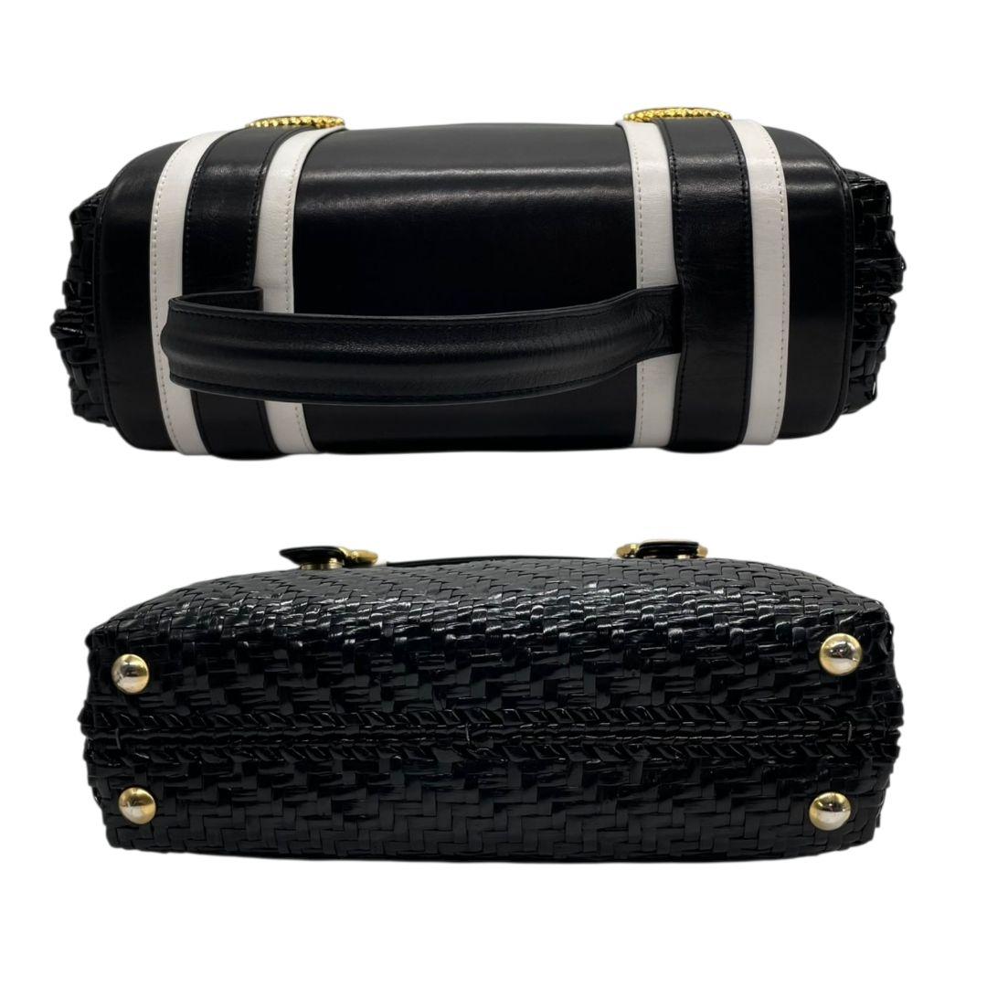 ロド ハンドバッグ 黒 白 編み込み カゴバッグ バイカラー トートバッグ レザー 本革 自立可 ゴールド金具 ロゴプレート RODO