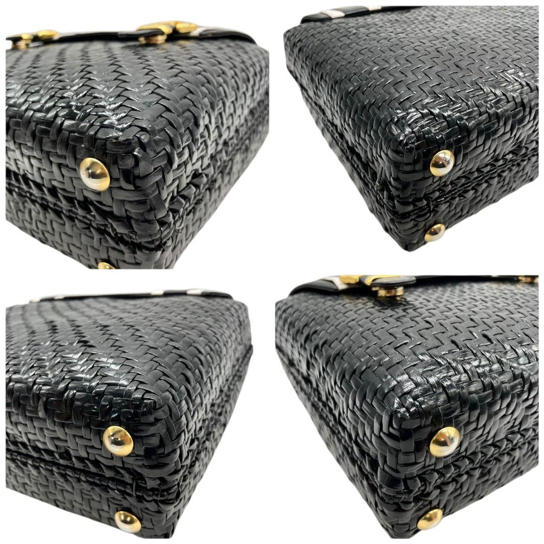 ロド ハンドバッグ 黒 白 編み込み カゴバッグ バイカラー トートバッグ レザー 本革 自立可 ゴールド金具 ロゴプレート RODO