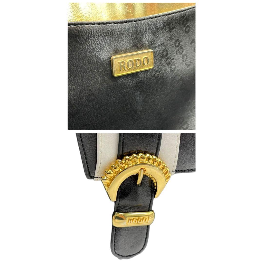 ロド ハンドバッグ 黒 白 編み込み カゴバッグ バイカラー トートバッグ レザー 本革 自立可 ゴールド金具 ロゴプレート RODO