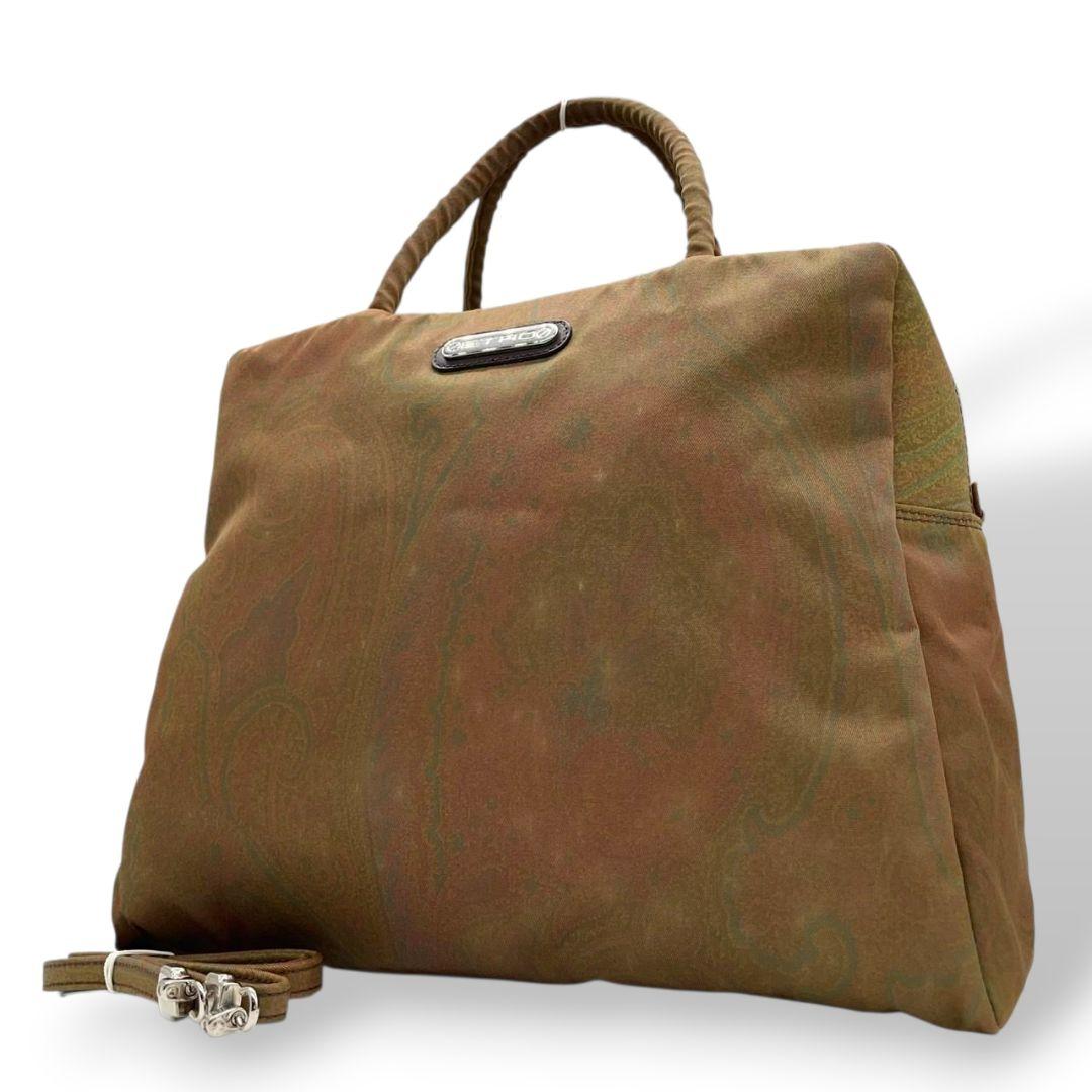 エトロ ハンドバッグ 緑 ペイズリー柄 2way 斜め掛け可 トートバッグ ショルダーバッグ ナイロン レザー 本革 ロゴプレート シルバー金具 グリーン ブラウン