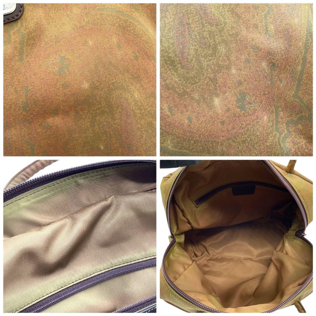 エトロ ハンドバッグ 緑 ペイズリー柄 2way 斜め掛け可 トートバッグ ショルダーバッグ ナイロン レザー 本革 ロゴプレート シルバー金具 グリーン ブラウン