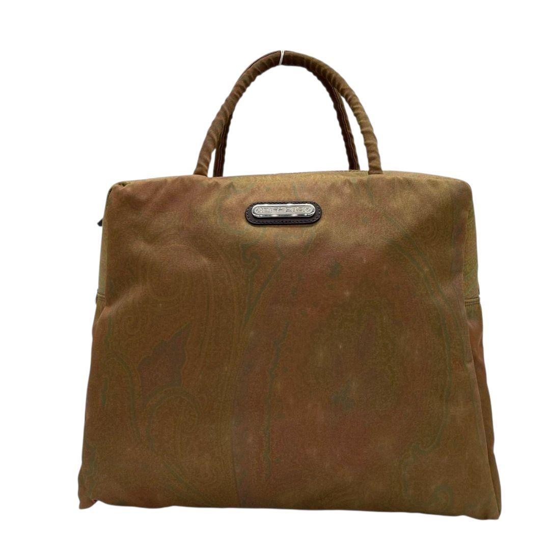 エトロ ハンドバッグ 緑 ペイズリー柄 2way 斜め掛け可 トートバッグ ショルダーバッグ ナイロン レザー 本革 ロゴプレート シルバー金具 グリーン ブラウン