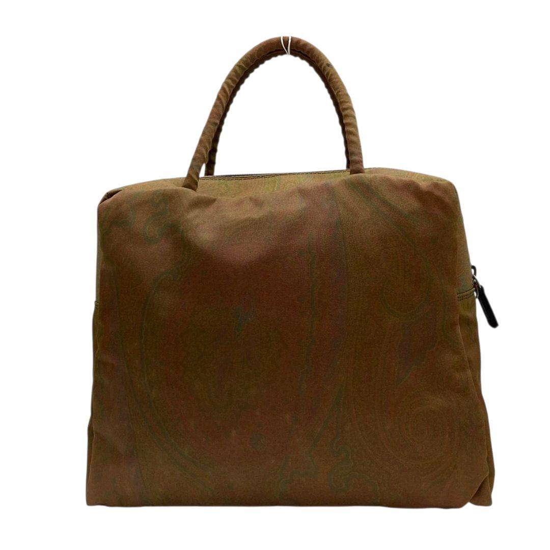 エトロ ハンドバッグ 緑 ペイズリー柄 2way 斜め掛け可 トートバッグ ショルダーバッグ ナイロン レザー 本革 ロゴプレート シルバー金具 グリーン ブラウン