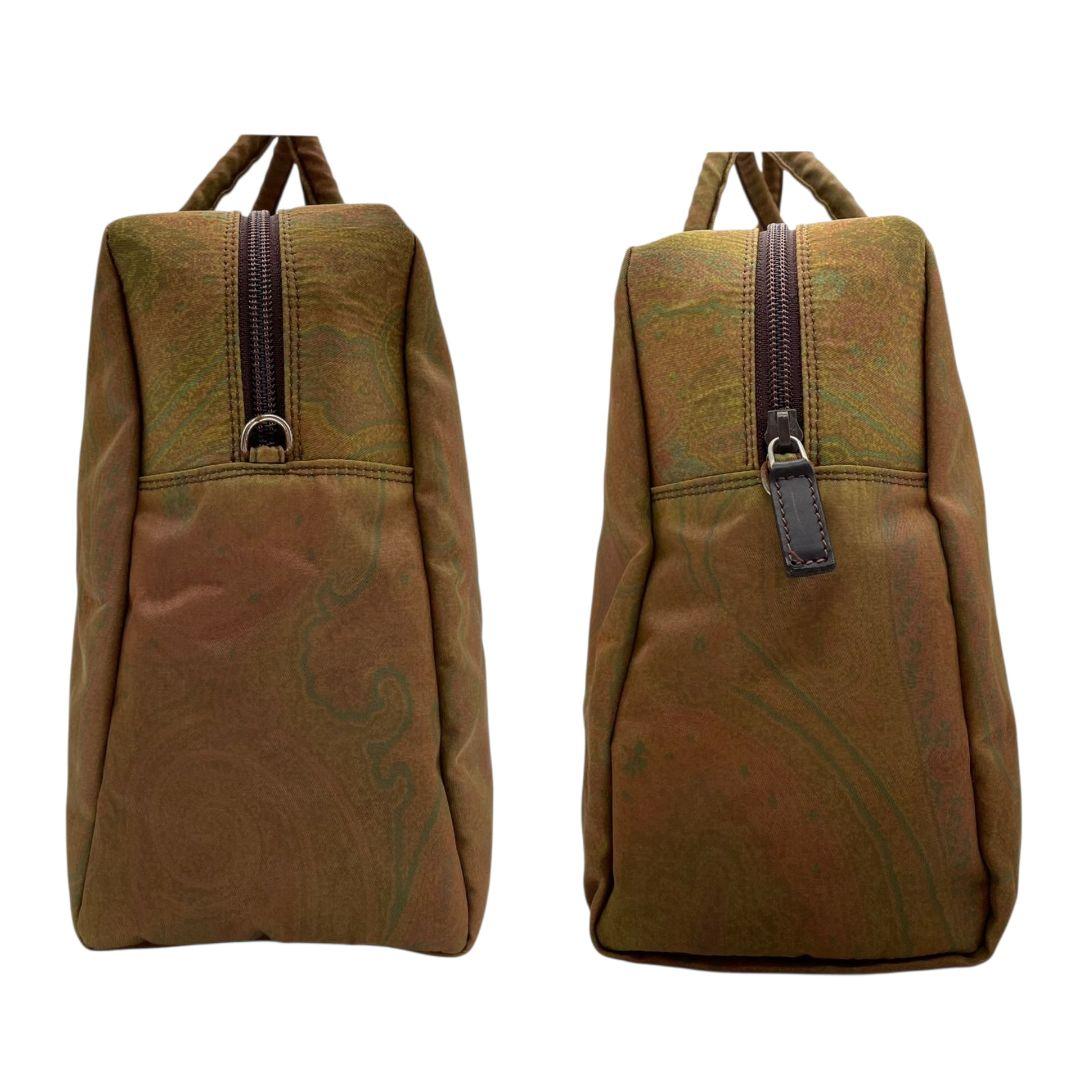 エトロ ハンドバッグ 緑 ペイズリー柄 2way 斜め掛け可 トートバッグ ショルダーバッグ ナイロン レザー 本革 ロゴプレート シルバー金具 グリーン ブラウン