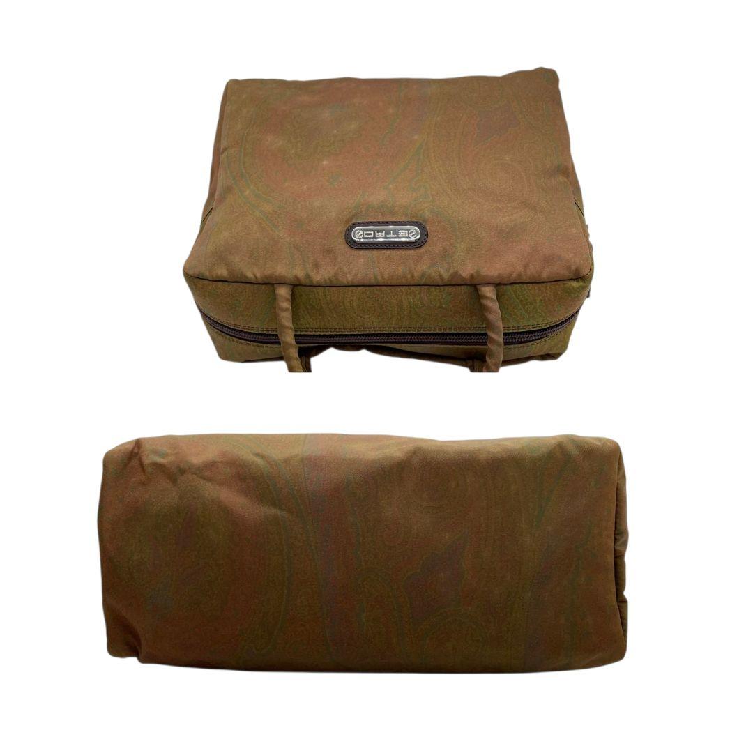 エトロ ハンドバッグ 緑 ペイズリー柄 2way 斜め掛け可 トートバッグ ショルダーバッグ ナイロン レザー 本革 ロゴプレート シルバー金具 グリーン ブラウン