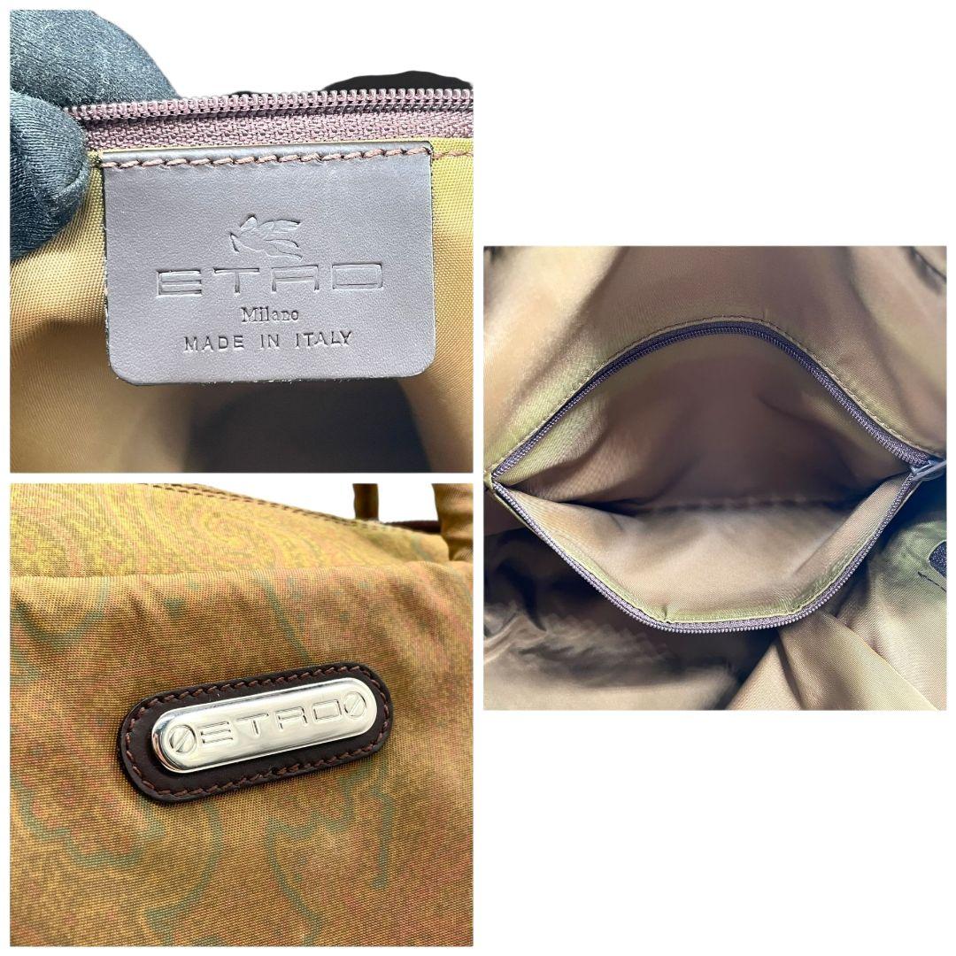 エトロ ハンドバッグ 緑 ペイズリー柄 2way 斜め掛け可 トートバッグ ショルダーバッグ ナイロン レザー 本革 ロゴプレート シルバー金具 グリーン ブラウン