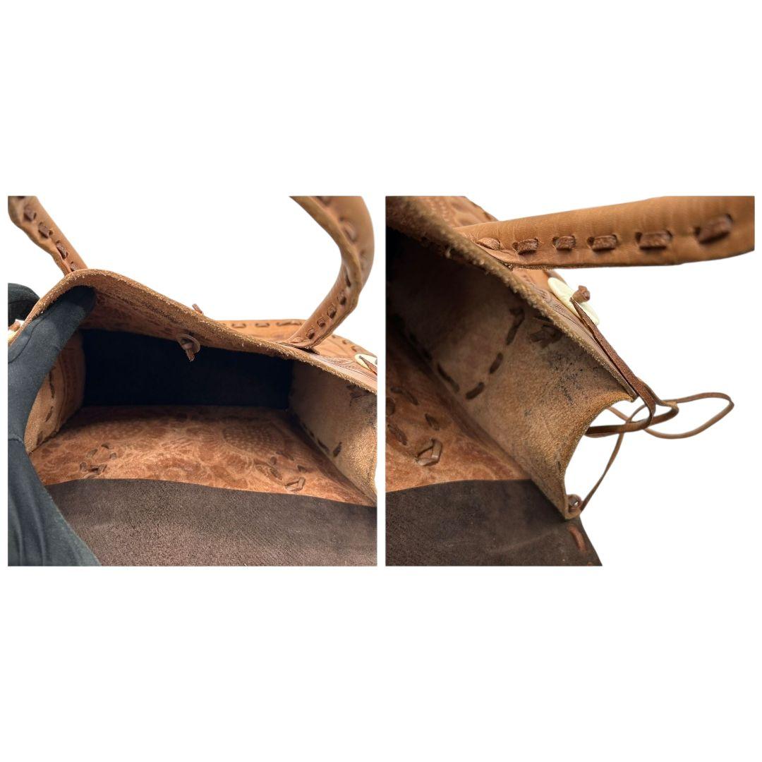 美品 カービングトライブス ハンドバッグ 茶 カービングバッグ 型押し レザー 本革 フラップ トートバッグ 自立可 ブラウン Carving Tribes H 上品デザイン オシャレ