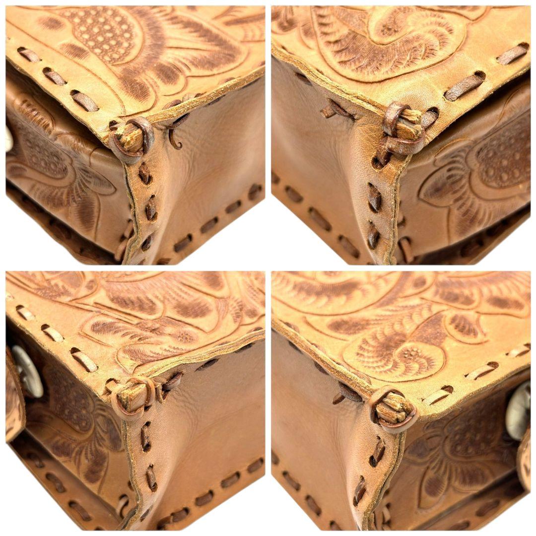 美品 カービングトライブス ハンドバッグ 茶 カービングバッグ 型押し レザー 本革 フラップ トートバッグ 自立可 ブラウン Carving Tribes H 上品デザイン オシャレ