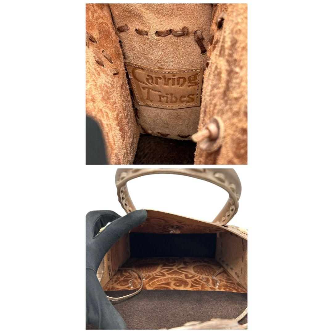 美品 カービングトライブス ハンドバッグ 茶 カービングバッグ 型押し レザー 本革 フラップ トートバッグ 自立可 ブラウン Carving Tribes H 上品デザイン オシャレ