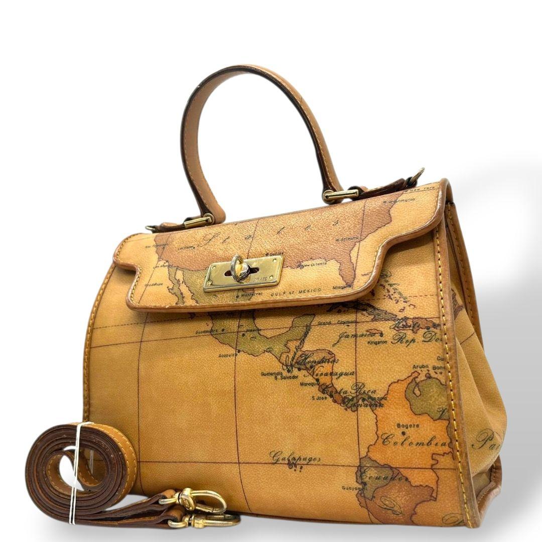 プリマクラッセ ハンドバッグ 茶 ブラウン 地図柄 世界地図 フラップ 2way トートバッグ ショルダーバッグ 斜め掛け可 PVC ゴールド金具 s50 PRIMA CLASSE