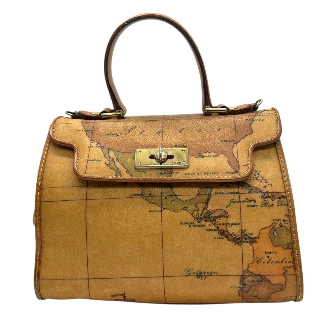 プリマクラッセ ハンドバッグ 茶 ブラウン 地図柄 世界地図 フラップ 2way トートバッグ ショルダーバッグ 斜め掛け可 PVC ゴールド金具 s50 PRIMA CLASSE