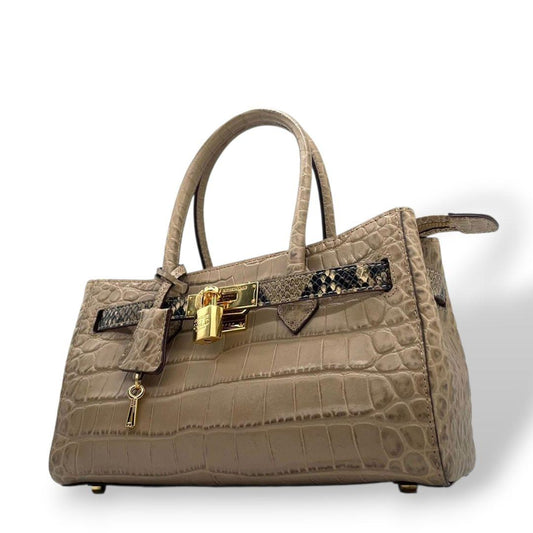 極美品　ココセリュックスゴールド　ハンドバッグ　ベージュ　型押しレザー　2way　トートバッグ　ショルダーバッグ　斜め掛け可　南京錠付き　本革　鍵付き　ロゴプレート　ゴールド金具