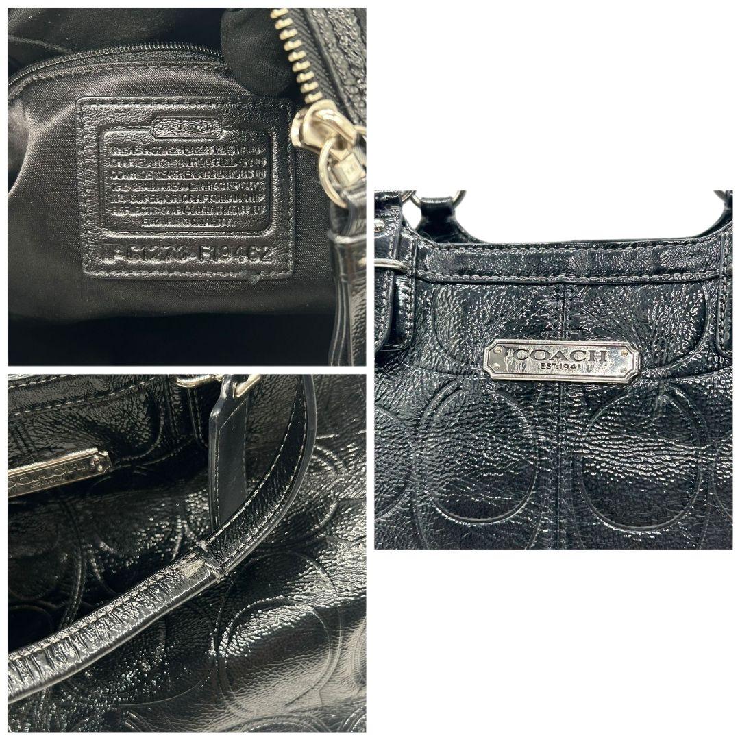 コーチ トートバッグ 黒 シグネチャー ワンショルダー エナメル レザー ハンドバッグ A4収納 肩掛け可 肩かけ可 ロゴプレート ロゴタグ チャーム付き シルバー金具 F19462 ブラック COACH s30