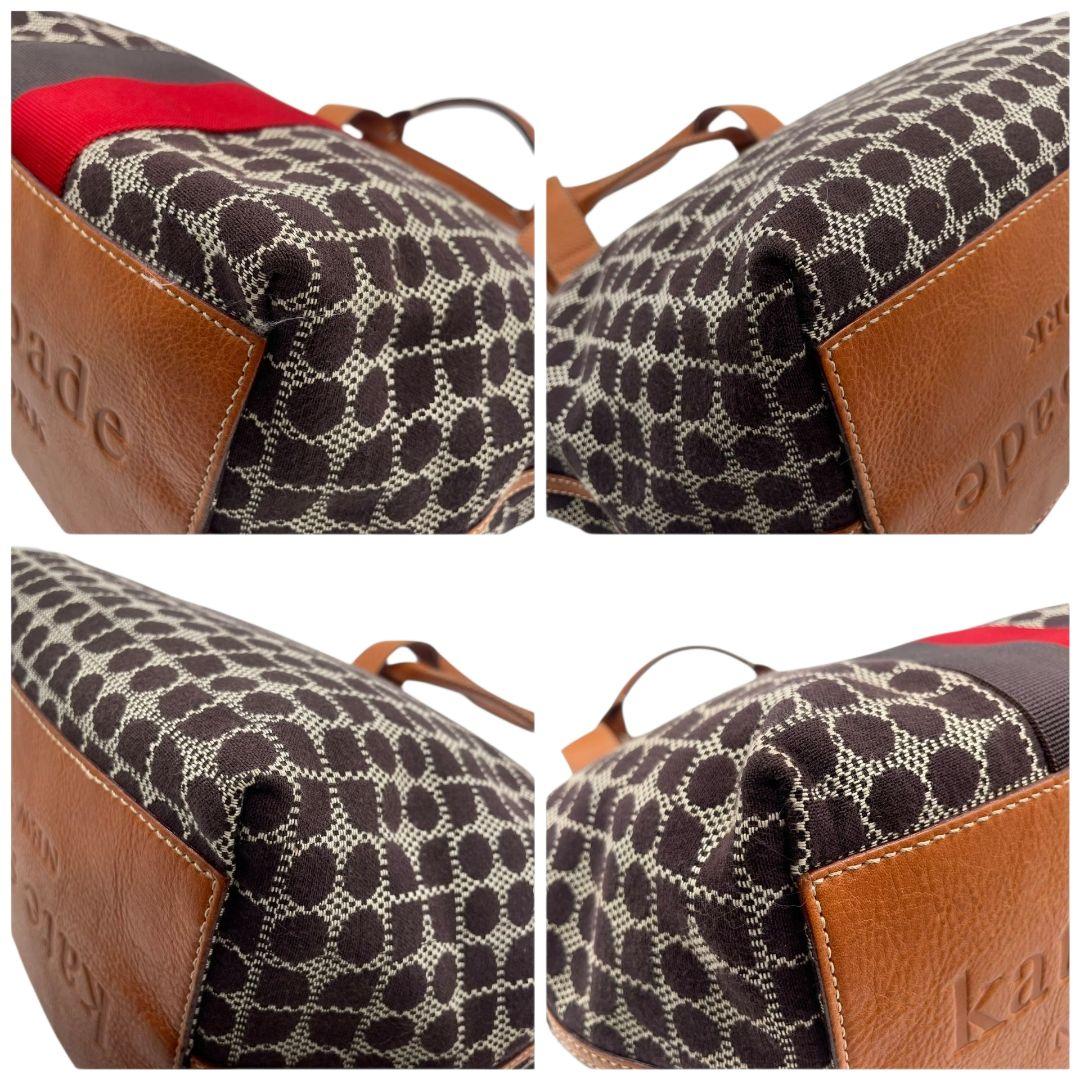 ケイトスペード トートバッグ 茶 ブラウン 赤 レッド ドット柄 ハンドバッグ A4収納可 キャンバス レザー 本革 ゴールド金具 ロゴプレート kate spade おしゃれ 通勤 通学