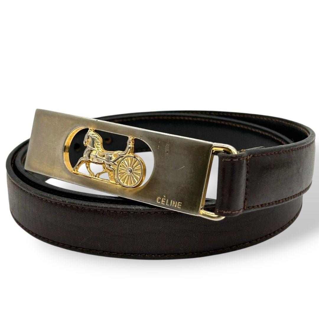 セリーヌ ベルト 茶 ブラウン サルキー 馬車金具 PX-2 レザー 本革 ゴールド金具 ロゴ 高級 ブランド レディース メンズ CELINE
