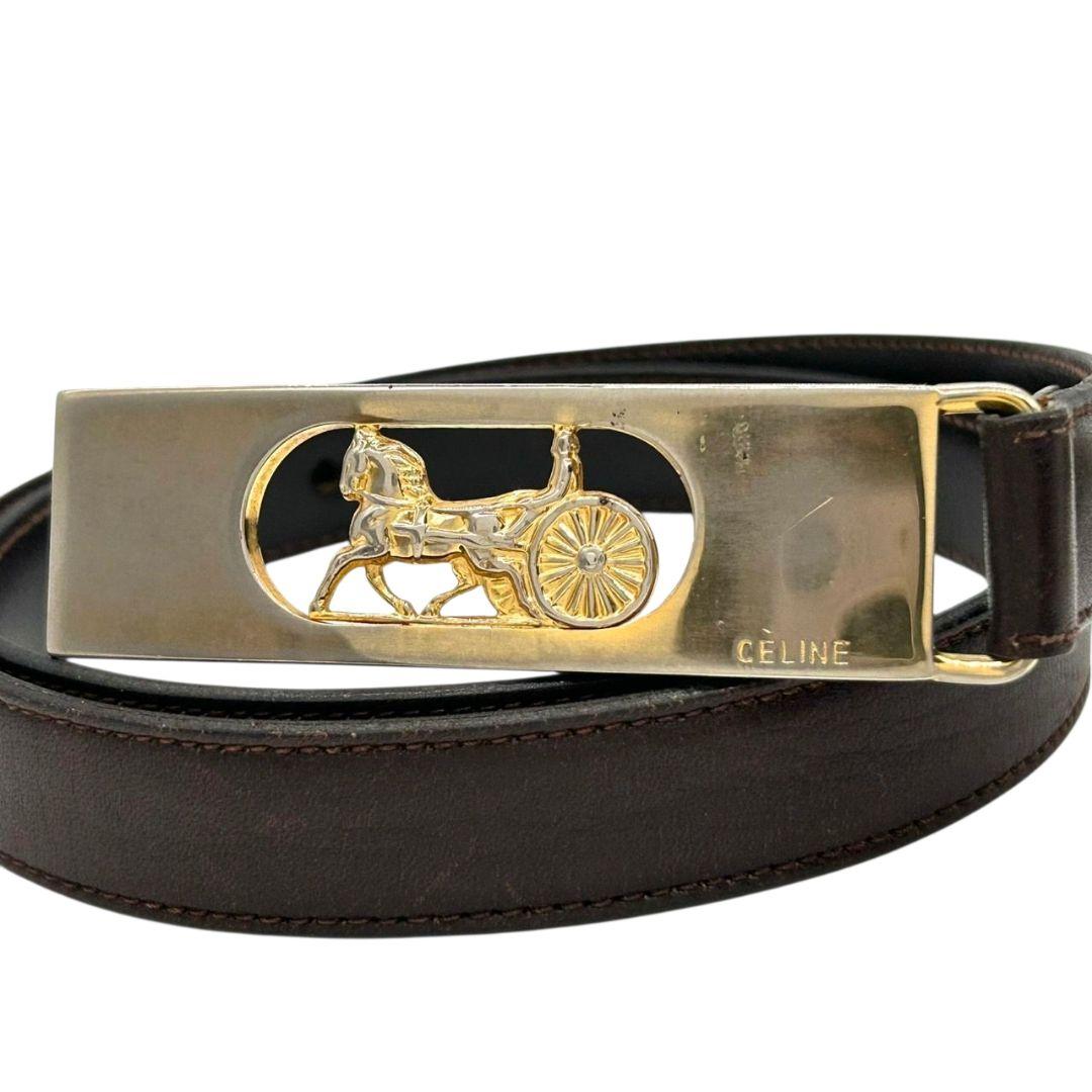 セリーヌ ベルト 茶 ブラウン サルキー 馬車金具 PX-2 レザー 本革 ゴールド金具 ロゴ 高級 ブランド レディース メンズ CELINE