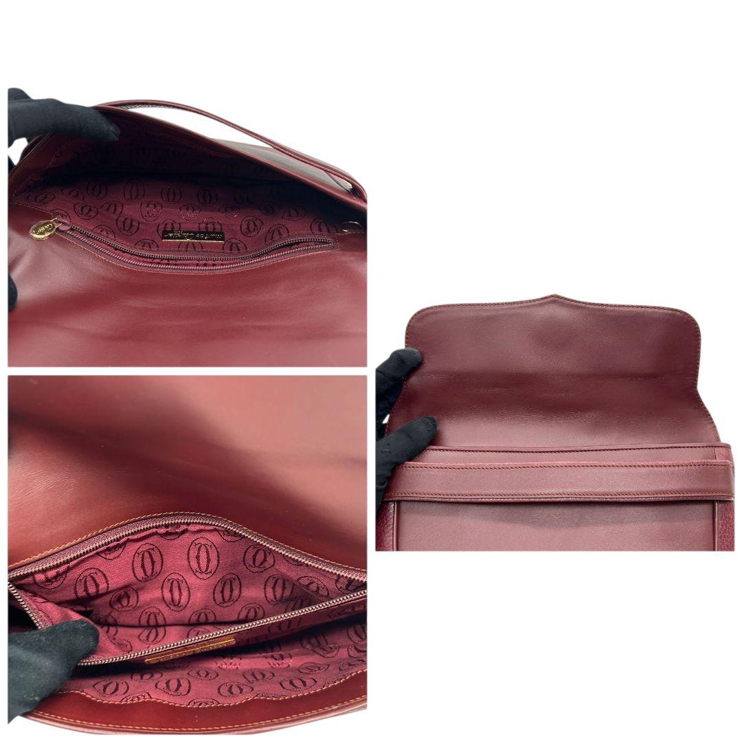 カルティエ マストライン セカンドバッグ 赤 Cロゴ フラップ クラッチバッグ レザー 本革 ボルドー ワインレッド ゴールド金具 ロゴプレート Cartier A6