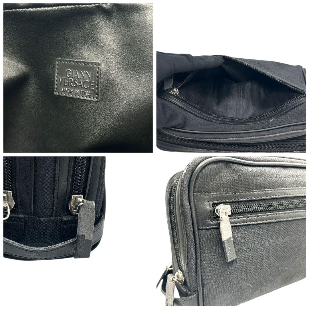 GIANNI VERSACE ジャンニヴェルサーチ セカンドバッグ クラッチ 黒 ブラック メデューサ 総柄 ナイロン ロゴ 自立可 シルバー金具 ブランドロゴ U9