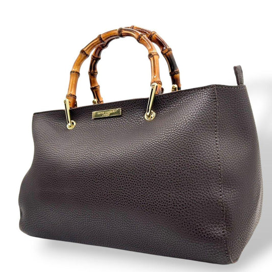 ケイティロクストン　ハンドバッグ　茶　バンブーハンドル　レザー　トートバッグ　本革　ダークブラウン　ゴールド金具　ロゴプレート　KATIE LOXTON