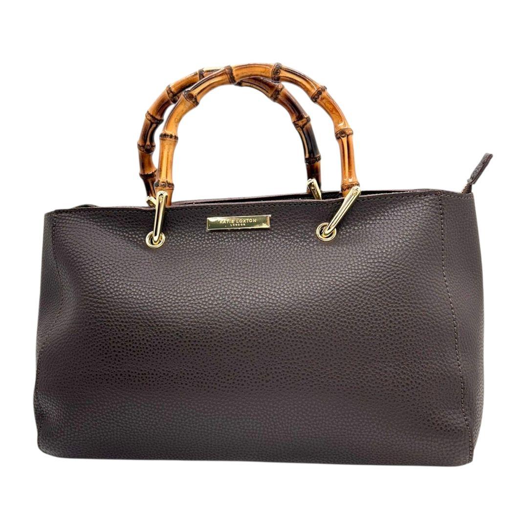 ケイティロクストン　ハンドバッグ　茶　バンブーハンドル　レザー　トートバッグ　本革　ダークブラウン　ゴールド金具　ロゴプレート　KATIE LOXTON